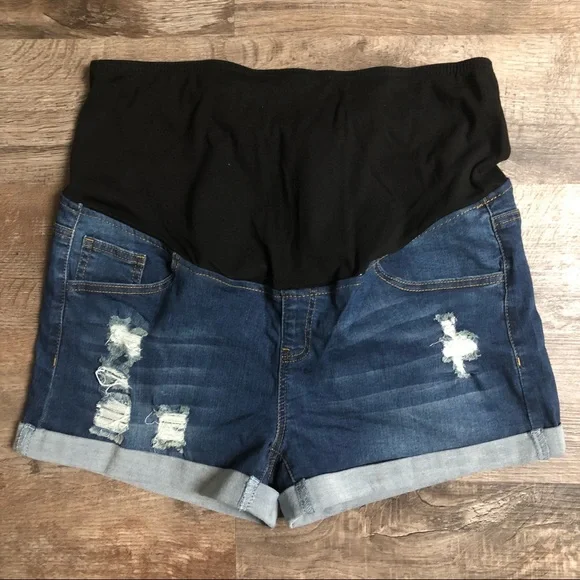Maternity size 10 Jean Denim Destructed Cuffed Shorts w/ Belly Panel - Picture 1 of 2